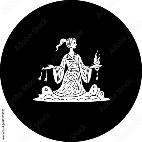 Monochromatic depiction of a mythical maiden wielding flame over ethereal waves