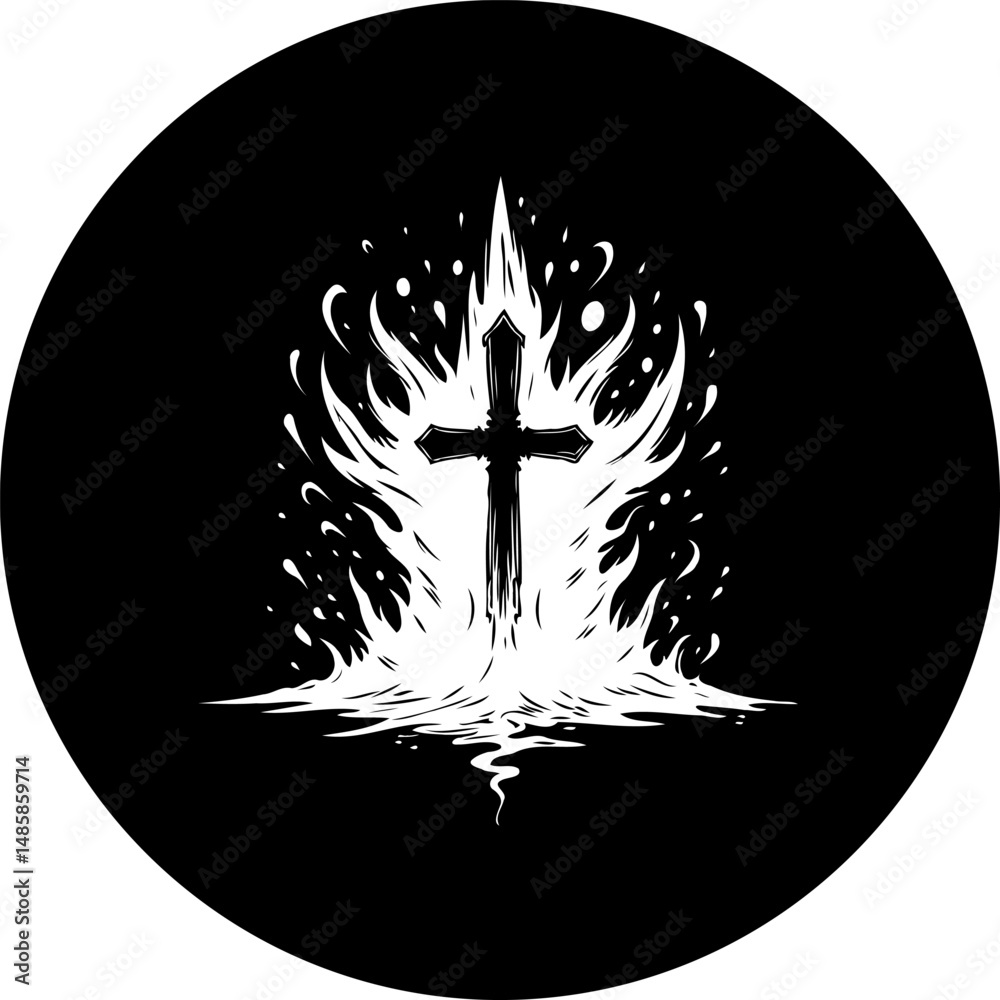 Abstract depiction of sword amid swirling shapes creating a focal point