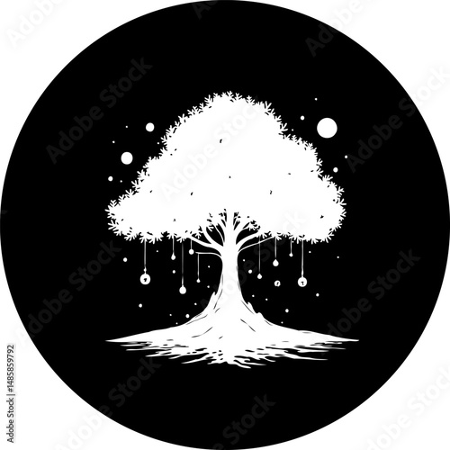 Stylized white tree silhouette on black, evoking magic and wonder in a circle
