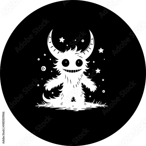 Whimsical horned creature silhouette radiating in a contrasting black backdrop