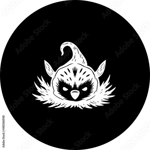 Stylized monochrome owl emblem with striking features on a dark background