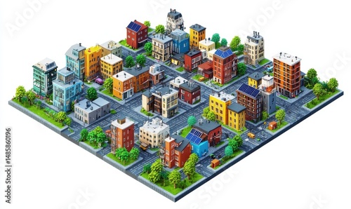 Isometric city model, urban planning,  residential area,  green spaces, aerial view,  website design