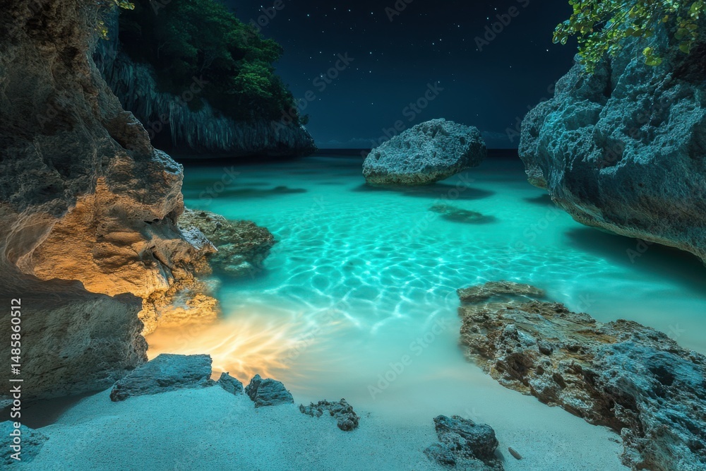 Fototapeta premium Turquoise water and rocky formations along a tropical beach at night under stars