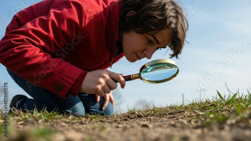 Woman examining ground with magnifying glass outdoors