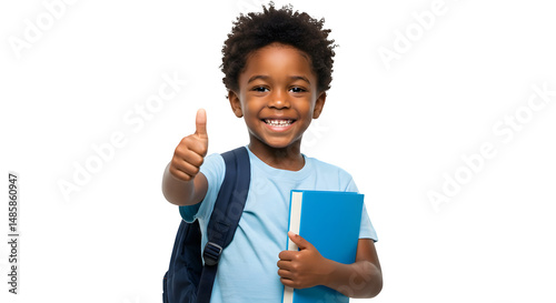 Smiling young kid child black male afro hair student holding a book and showing thumb up sign, isolated on transparent background