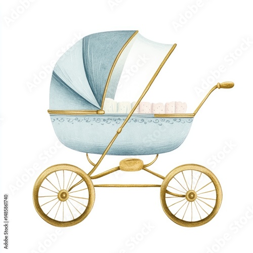 Pastel blue baby carriage, watercolor style