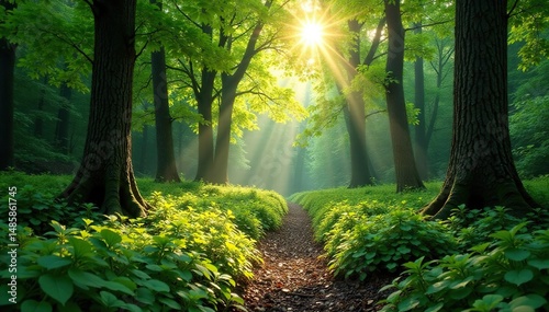 Sun-dappled forest floor, lush green undergrowth, light, habitat