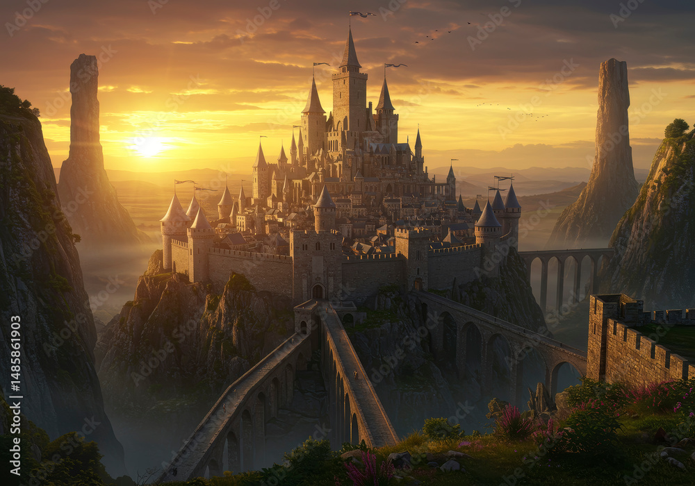 Naklejka premium Majestic Mountaintop Castle at Sunset Epic Fantasy Kingdom Architecture Bridge