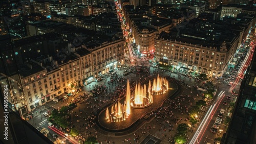 Night cityscape with fountain and buildings
