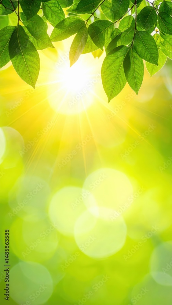 Naklejka premium A vibrant background of lush green leaves illuminated by warm sunlight, creating a serene and refreshing atmosphere filled with natural beauty.