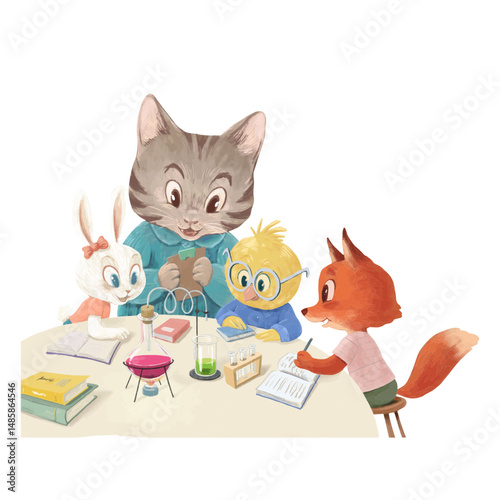 Group of animals studying sitting around a table