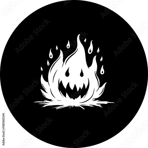 Stylized depiction of a white flame with a spooky face on a black background