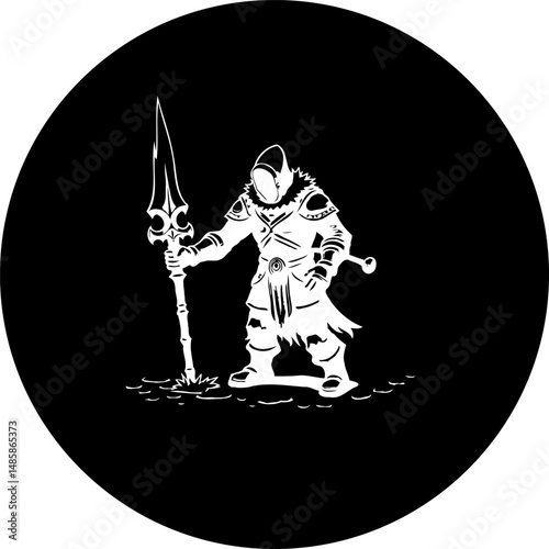 Isolated Knight Silhouette: Stylized Warrior with Spear in Dark Circular Frame