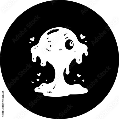 Whimsical monochrome melting character with heart details in a dark circle emblem