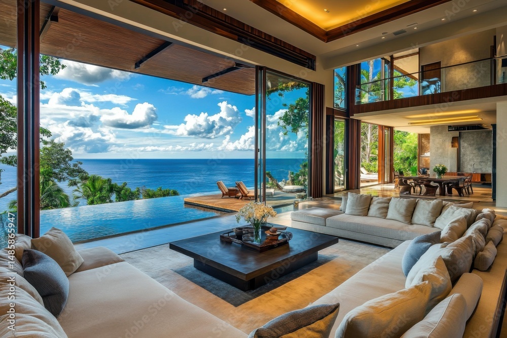 Fototapeta premium Luxury Oceanfront Living Room with Infinity Pool