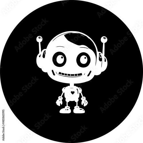 Monochromatic rendering of a whimsical robot character within a circular frame