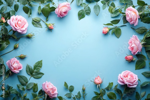 Delicate pink roses with green leaves arranged in a circular frame on a pastel blue background evoking a fresh and romantic atmosphere