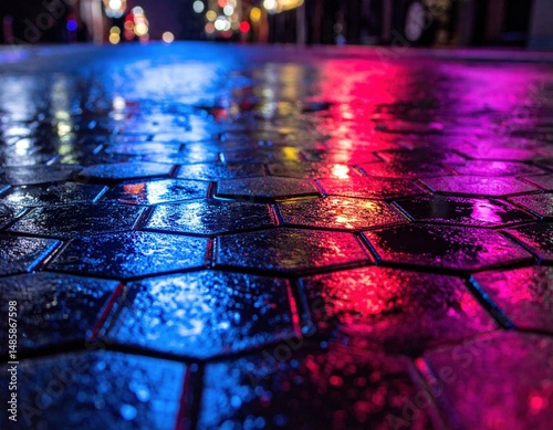 Wallpaper Mural Wet Cobblestone Pavement With Colorful Night City Lights Torontodigital.ca
