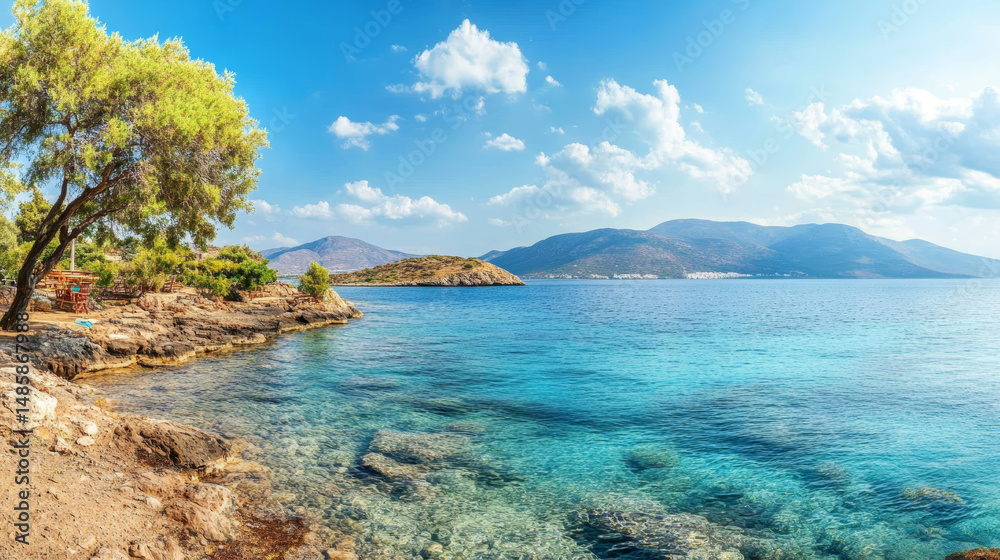 Fototapeta premium Panoramic sea-facing dining view from a coastal restaurant in Elounda, Crete, Greece