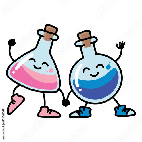 Two blue and pink flasks