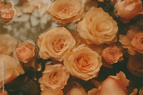 A close-up of vibrant orange roses floating in water, creating a serene and elegant atmosphere.