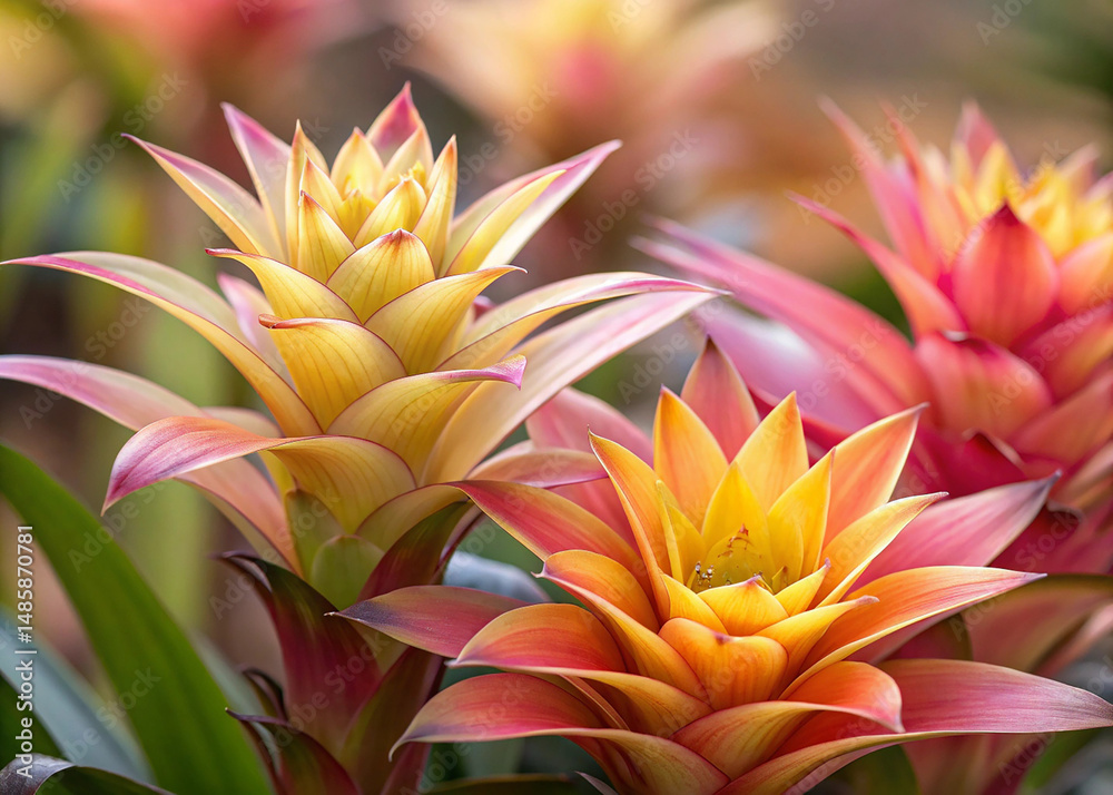 Fototapeta premium Close Up of Pink Yellow and Orange Bromeliad Flowers