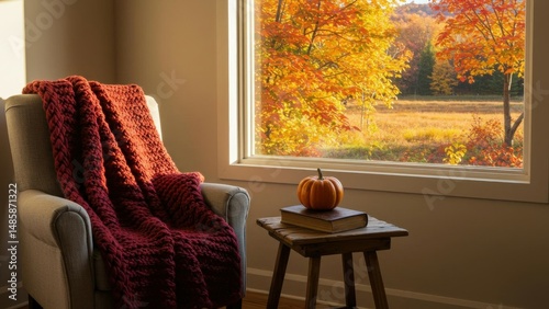Cozy autumn scene with a pumpkin and warm colors