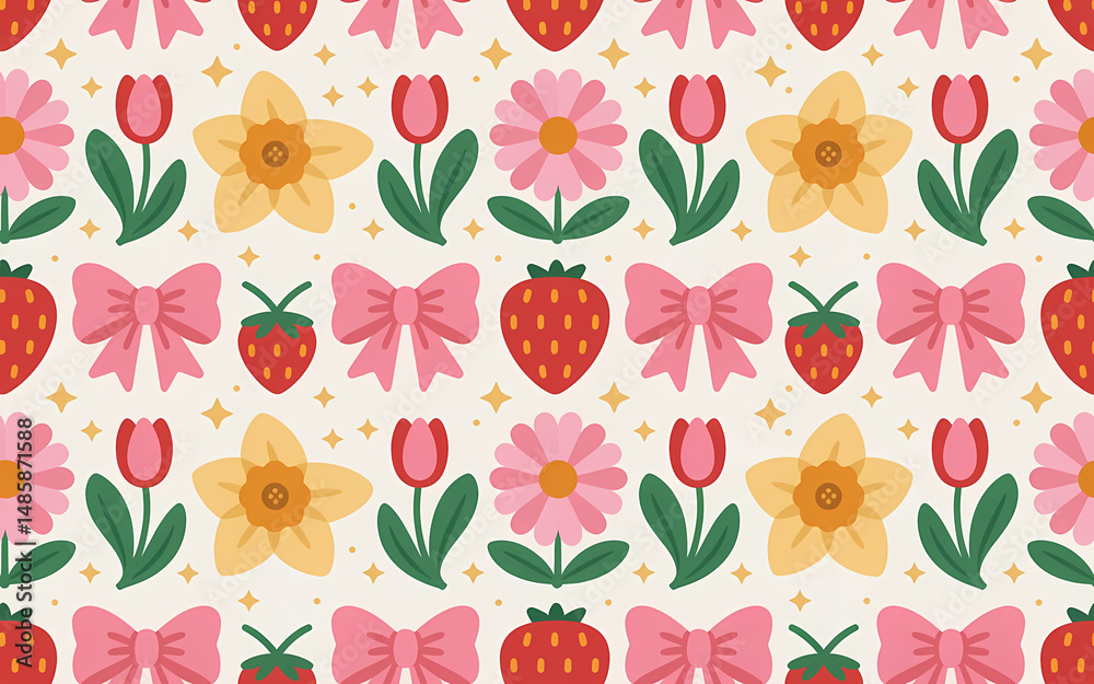 custom made wallpaper toronto digitalSeamless Spring Pattern with Flowers, Strawberries, and Bows