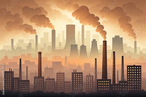 Smog filled skyline over industrial city with heatwaves rising Polluted city skyline with smoky factories creating a stark industrial landscape.