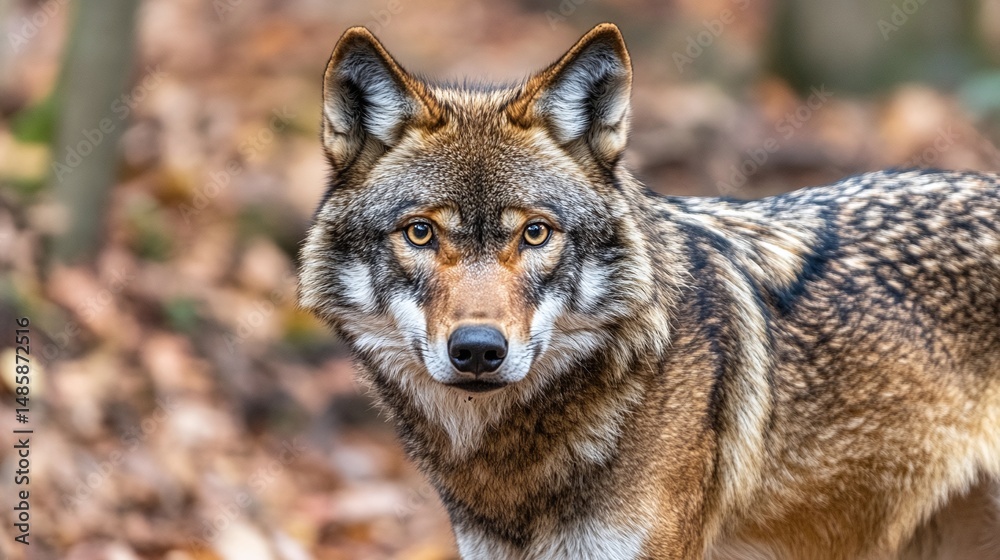 Fototapeta premium Close-up portrait of a magnificent red wolf in autumn foliage.