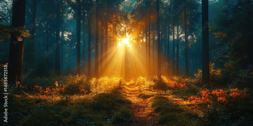 Naklejka premium Sunbeams pierce a misty forest, illuminating a path through vibrant flora. Golden light filters through tall trees, casting a magical glow