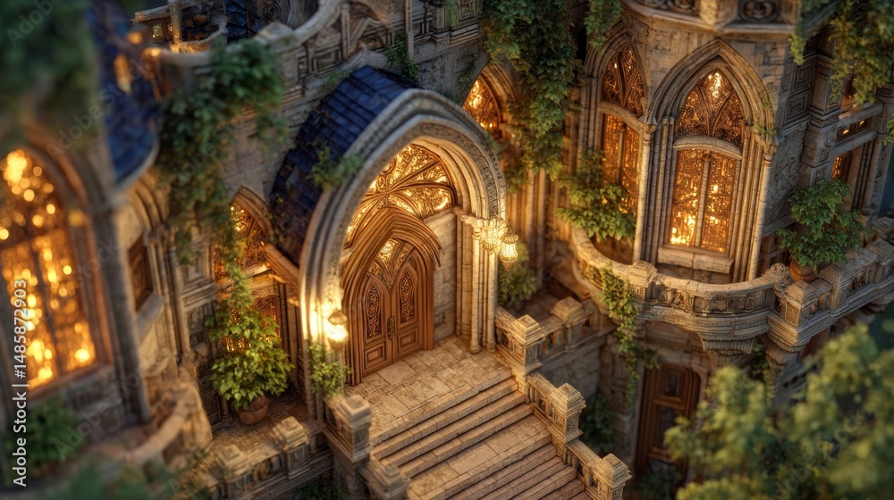 Fototapeta premium Enchanted stone building with glowing windows and lush greenery, perfect for fantasy, architecture, or magical themes