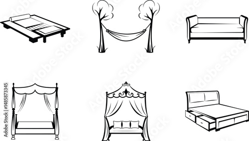 Different types of beds and hammock vector illustration black and white style