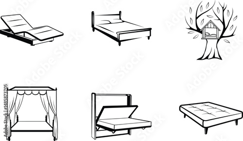 Collection of different types of beds vector line art illustration design