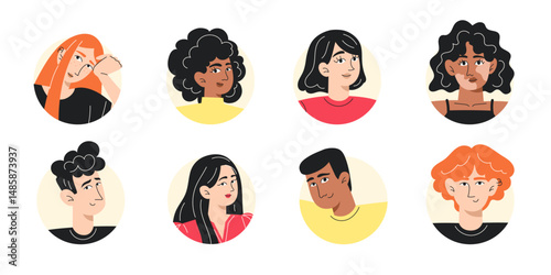 Collection of Diverse User Avatar Icons, Flat Style Portraits of People of Different Races and Genders