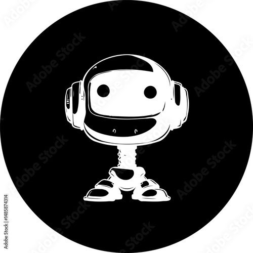 Monochromatic whimsical robot character design in a minimalist graphic style
