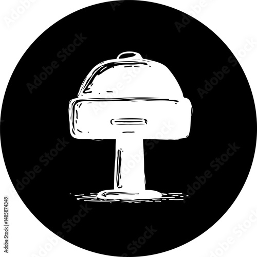 Stylized platter server illustration against a stark black circle backdrop