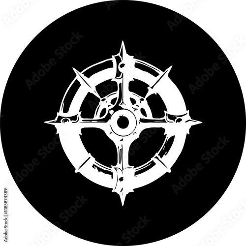 Abstract circular graphic featuring a stylized white emblem with sharp elements