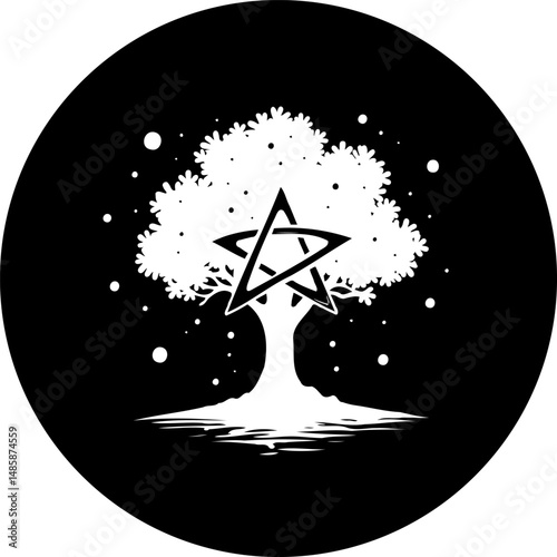 Symbolic tree of life with pentagram in black and white mystical design