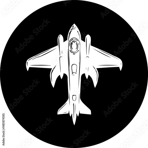 Stylized fighter jet illustration on dark circular backdrop invoking speed