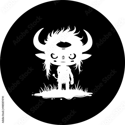 Mystical creature graphic silhouette, third eye symbolism in minimalist black circle design