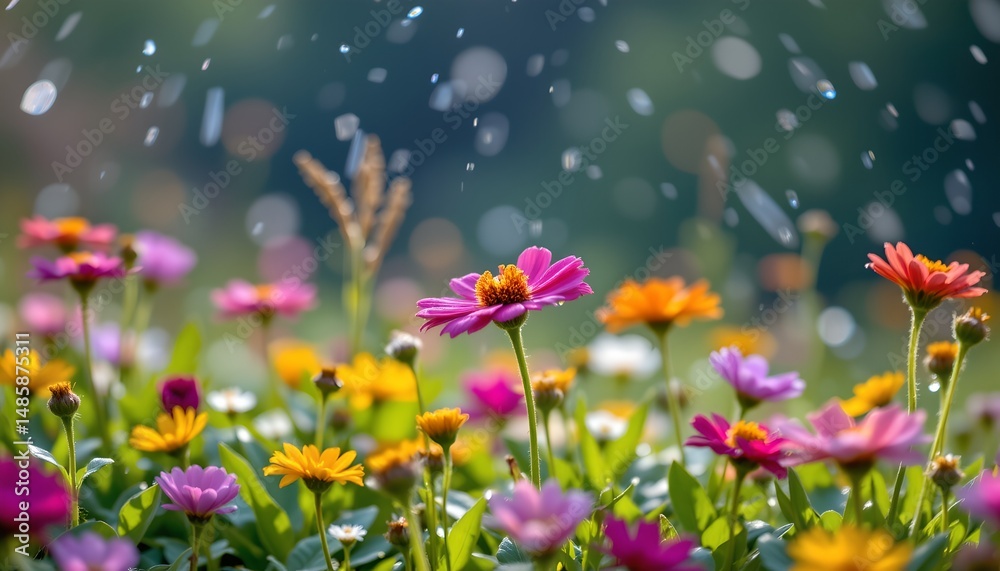 Fototapeta premium wildflowers in a meadow after rain, raindrops glistening on petals