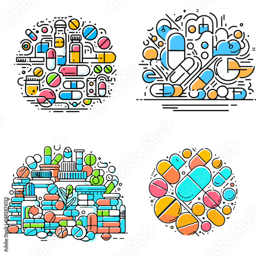Colorful collection of outlined pharmaceutical pills and bottles  
