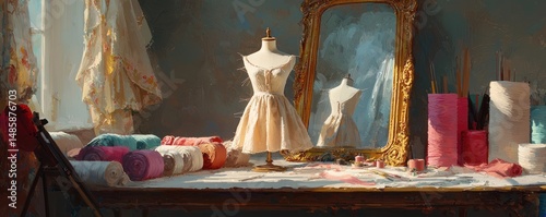 Sewing dressmaking event in a vintage studio fashion design workspace bright and inspirational environment
