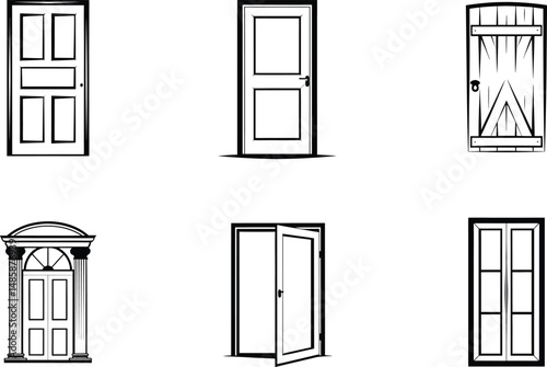 Various door designs black and white illustration collection for architectural projects