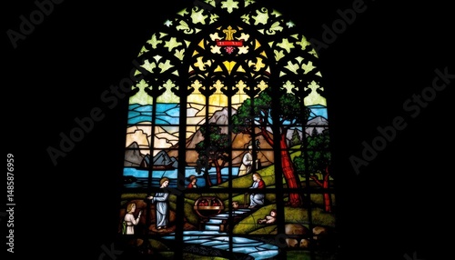 Stained glass art: Christian landscape, river, people, religious scene.