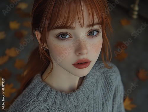 A young woman with red hair and freckles, wearing a cozy sweater, looking directly at the camera.