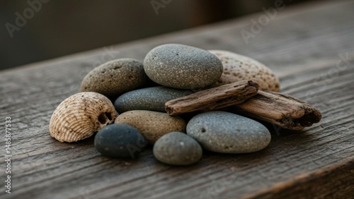 Still life of stones, shell, wood, on wood