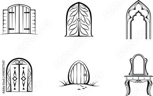 Assortment of decorative doorways and arches featuring unique designs in vector format