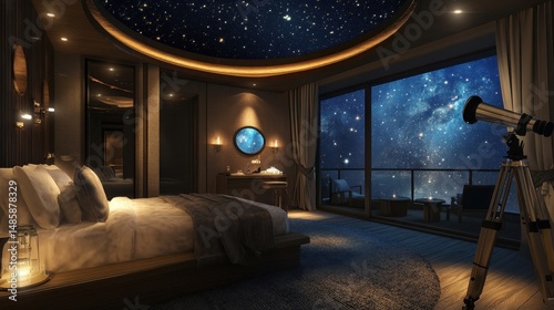 luxurious bedroom with starry night view and telescope